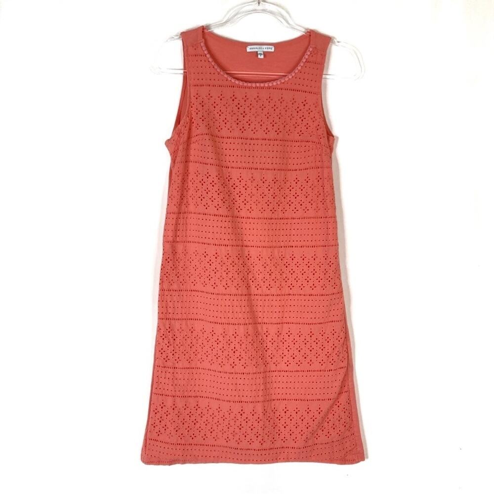 3/$30 Annalee + Hope | Coral Eyelet Stripe Sleeveless Cotton Dress S